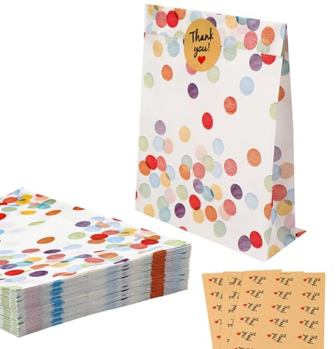 JIUBULUJIU 60 Stück Geschenktüten Kindergeburtstag, Geschenktüten mit 63 Aufkleber, Bunte Tüten Kindergeburtstag, Papiertüten Klein für Geburtstag, Hochzeit, Giveaways, Party