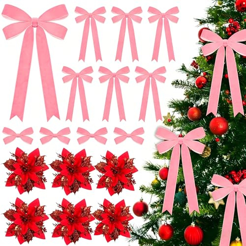 Zenoble 16 PCS Pink Velvet Bows with Artificial Flowers for Christmas Tree