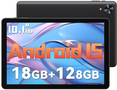 Paaxoo Android-Tablet, 10,1 Zoll, Android 15, 18 GB (6+12) RAM, 128 GB ROM, 1280 x 800 IPS-HD-Touchscreen, 6000-mAh-Akku, Bluetooth, Dual-Kamera, GMS, WLAN (Schwarz)