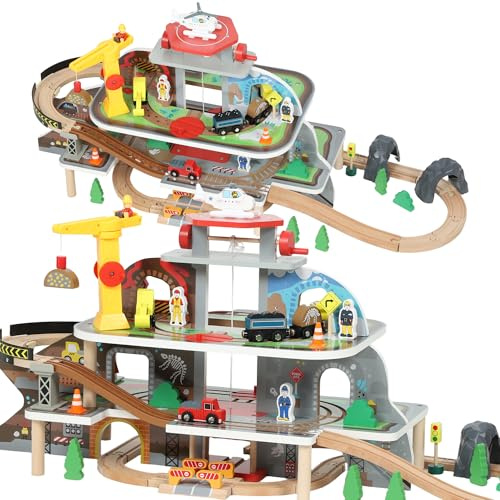 AIYAPLAY Holzeisenbahn Set 3 Ebene 79 Stück Eisenbahn Set mit Elektrische Lok Zügen Grundplatte Kran Hubschrauber, Magnetisch Holzzug für Kleinkinder ab 3 Jahren Spielzeug für Kinder Jungen Mädchen