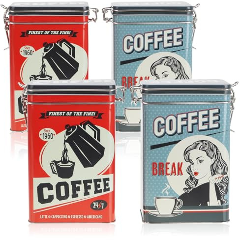 com-four® 4x Vorratsdose aus Metall, Kaffeedose mit verschließbarem Deckel | Metallbehälter im Retro-Design für Lebensmittel - Aufbewahrungsbox [Auswahl variiert]
