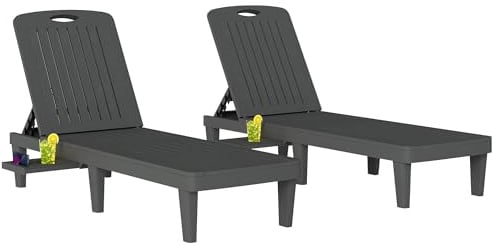 Outsunny Lot de 2 Chaises Longues de Jardin en PP avec Plateau Latéral Gris
