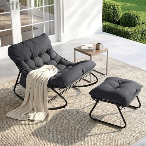 LIFERUN Schaukelstuhl mit Hocker, Patio Schaukelliege, Waterproof, 1 PCS | Schaukelsessel mit Gepolsterter, bis 150 kg Belastbar, für Garten Balkon Wohnzimmer Hof Schlafzimmer Terrasse, Grau