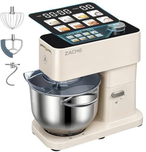 ZACME Küchenmaschine 1200W | 5,2L Edelstahl-Schüssel | Leiser DC-Motor | 11-Stufen-Getriebe | inkl. 3 Rührwerkzeuge (Knethaken, Rührbesen, Schneebesen) | Vollmetall-Gehäuse | Beige