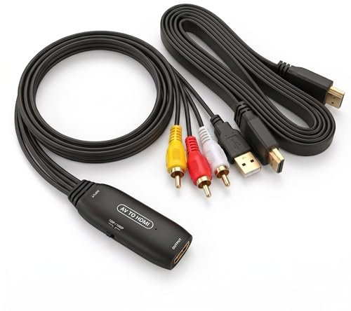 QGECEN RCA zu HDMI Adapter, AV zu HDMI Konverter 1080P/720P, Composite CVBS Video Audio Konverter Plug & Play mit 50cm RCA Kabel und 150cm HDMI Kabel, für PS2 Wii N64 VHS VCR DVD TV Receiver