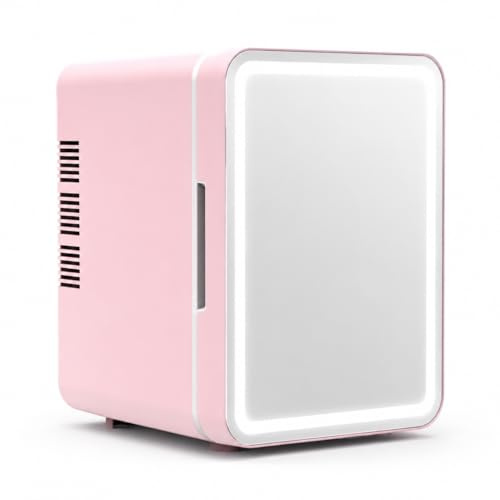 SiaBiced Mini Nevera 6L con Espejo LED, Mini Frigorífico y Calentador para Cosméticos y Coche, Portátil DC12V/AC220V, Rosa, Espejo con luz, enchufe japonés