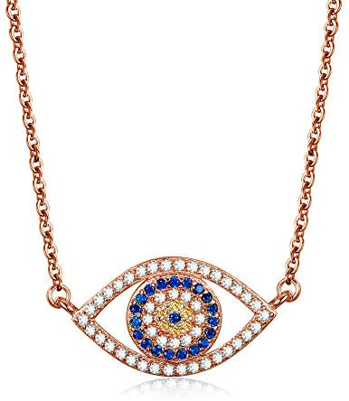 Blue Evil Eye Pendant Necklace Sterling Silver 925 in Rose Gold Adjustable Cable Chain 16/17/18