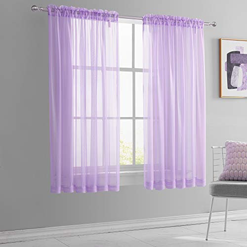 KEQIAOSUOCAI Hellviolette kurze durchsichtige Vorhänge 114,4 cm lang für Kinderzimmer – Stangentasche, durchsichtiger Flieder, Voile Badezimmer, Keller, Küche, Set mit 2 Paneelen, 132,2 x
