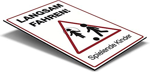 Achtung spielende Kinder – Alu-Verbundschild 400x600 mm, Weiß | Alu-Verbundschild mit Piktogramm und dem Text „Langsam fahren! Spielende Kinder – 400 × 600 mm, wetterfest, Weiß