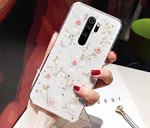 JAWSEU Xiaomi Redmi Note 8 Pro Hülle Glitzer Getrocknete Blumen Handyhülle Transparent Silikon TPU Schutzhülle Transparent Rosa