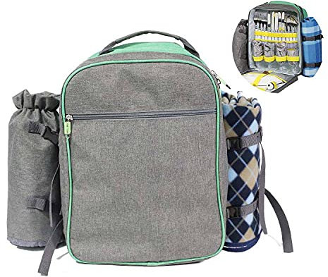 scosao Mochila Picnic 4 Personas con Nevera y Vajilla, Cesta de Picnic Isotermica con Manta Impermeable, Porta Vino Desmontable, para Senderismo, Montaña, Camping, Barbacoas,A