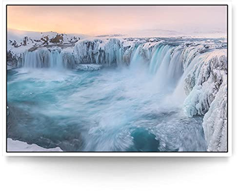 BilderKing Wandbild EIS Wasserfall Nord-Island - 150cm x 100cm Leinwand auf 2cm Keilrahmen mit Schattenfugenrahmen weiß