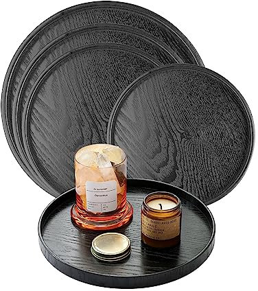 Bandeja de Servicio Bandeja de Té de Madera Maciza Bandeja de Comida Redonda Bandeja de Comida Negra Bandeja de Madera para Té, Comida y Bebida, Disponible en 4 Tamaños(30cm)