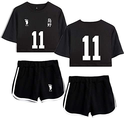 Flyself Anime Haikyuu T-Shirt und Kurze Hosen Damen Mädchen Karasuno High School Volleyball Uniform Crop Top und Shorts 2 Stück Anzug Set Sportanzug Trainingsanzüge Outfits