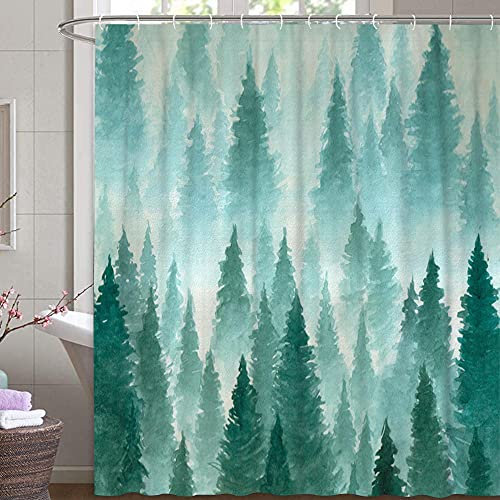 M&W DAS DESIGN Duschvorhang Wald im Nebel Baum Textil mystisch grün blaugrün Natur Ruhe Bergen Landschaft Vorhang Schimmelresistent Farbfest inkl. 12 C-Ringe Gewicht unten 180x200cm(BxH)