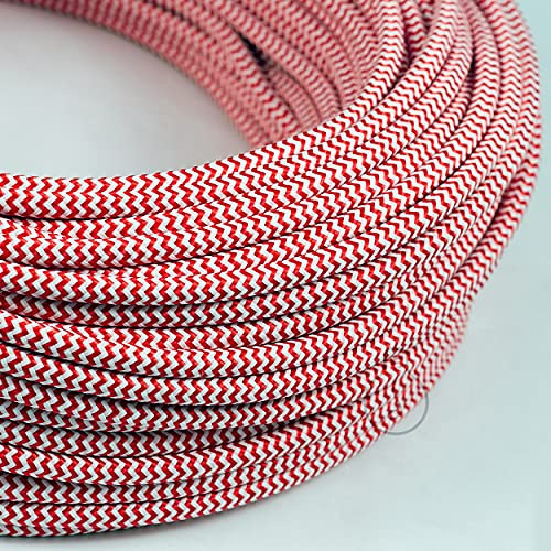 Amarcords - Textilkabel für Lampen WEISS-ROTES ZICKZACK, rund, Seide, 5 Meter, mit Erdung 3x0,75 - Stoffkabel mit farbigem vintage Stoff überzogen für Kronleuchter, Wandlampen und Lampenschirme