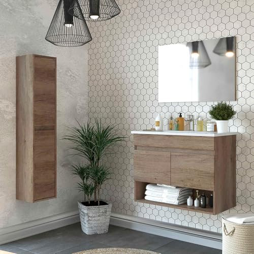 Mobile bagno sospeso 80 cm, 2 ante e vano a giorno serie Oasi, colore rovere con venatura naturale, COMPLETO di lavabo, specchio e pensile alto