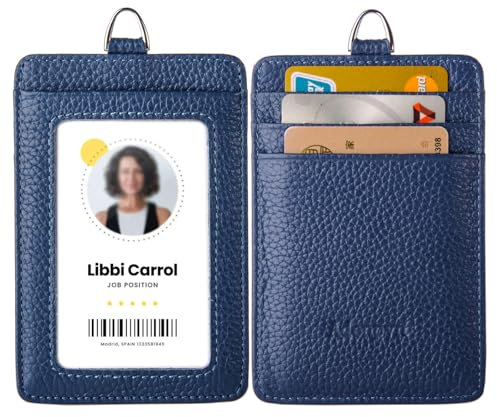 Cow Leather ID Badge Holder with Lanyard(Full Grain Leather,3*4.5),1 Clear ID Window and 3 Card Slots, Nylon Neck Lanyard with rotatable and Removable Metal Clasp, Vertical Name Badge Holders