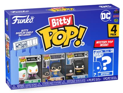 Funko Bitty POP! 4 Pack: DC Comics - Batman, Batgirl, The Joker, Mystery Mini Figure - Styles may vary - 0.9 inch (2.2 cm) Collectable - Stackable Display Shelf Included - Gift Idea - Cake Topper