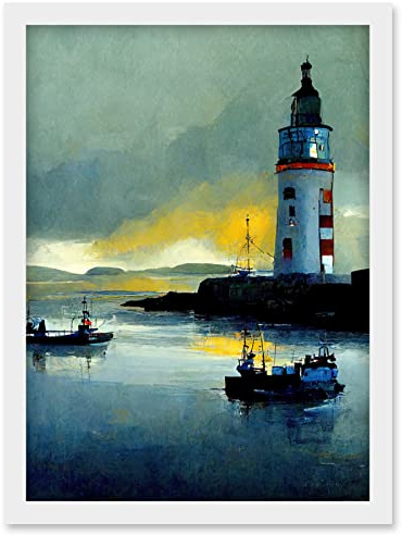 Doppelganger33 LTD Scottish Harbour Fishing Boats Lighthouse Modern Artwork Framed Wall Art Print A4