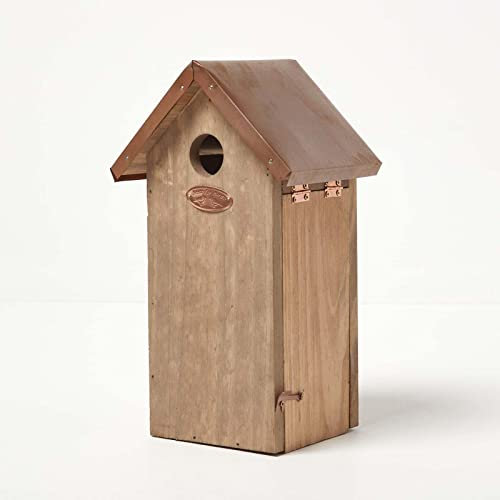 Homescapes Holz-Vogelhaus mit Kupferdach 17x30 cm, Nistkasten Kohlmeise, Meisenkasten zum Aufhängen