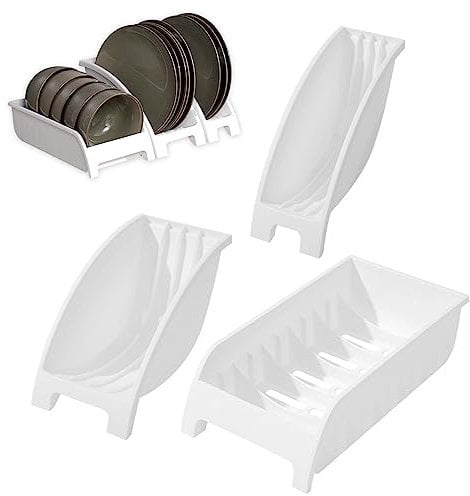 QmjdDymx 3Pcs Plate Holders Organizer For Kitchen Cupboard - Plastic Dinner Plate Holder - Dinner Dish Drying Rack, Kitchen Vertical Cabinet Storage Organiser Stand - White