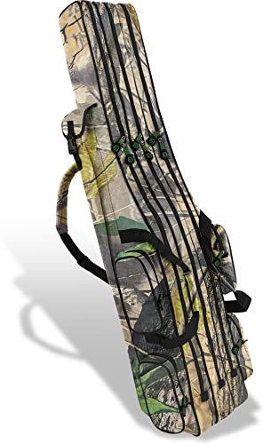 Rutentasche Rod Case Angelkoffer Futteral mit 2, 3 oder 4 Ruten-Fächern, Verschiedene Längen wählbar - stark wasserabweisender Fishing Rucksack Farbe Grün-Tarnfarbe 3 Innenfächer Größe 125 cm