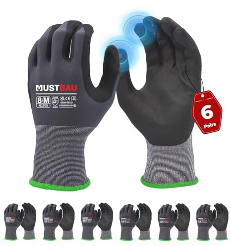 Mustbau Arbeitshandschuhe Schwarz mit Touchscreen, Arbeitshandschuhe Herren mit Nitril Beschichtung für Montagearbeit，Mechaniker, Gartenarbeit und Bauarbeiten, Gr. M, 6 Paare