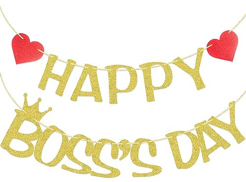 Qttier Happy Boss's Day Banner, vorbespannt, Best Boss Ever-Banner für Internationale Boss Day Party-Dekorationen, Gold und Rot Glitzer