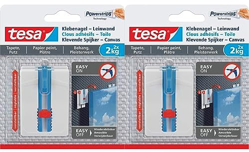 tesa Klebenagel Tapeten & Putz - höhenverstellbar - selbstklebender Nagel - ideal für Leinwand & Keilrahmen - Halteleistung 2kg/Nagel - spurlos ablösbar (Packung mit 2)