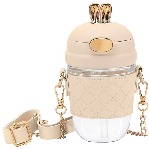 Belle Vous Cream Water Bottle with Straw & Strap - 380ml/13oz BPA-Free Plastic Drinking Bottle with Leakproof Lid - All Ages Water Bottle for Sports, School, Office, Gym, Fitness & Outdoor Activity