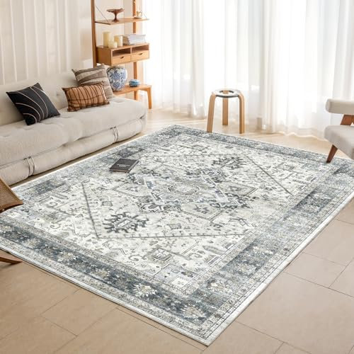 OMERAI Teppich Wohnzimmer Schlafzimmer 120x170CM Waschmaschine Waschbarer Kurzflor Rutschfest Vintage Boho Cyanfarben