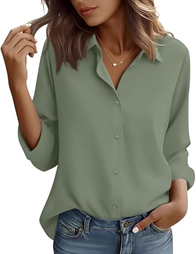 HOCAIES Womens Wrinkle Free Long Sleeve Button Down Shirts Formal Work Wear Shir Blouse (Large, Army Green)