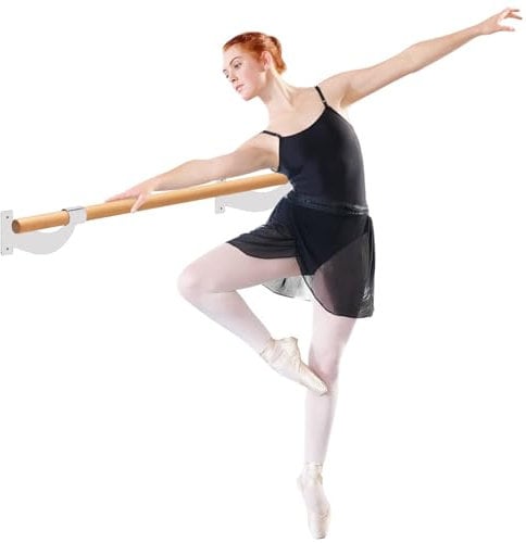 GYMAX Ballettstange 120cm, wandhalter Übungsstange aus Holz, Tanzstange für Tanz & Stretching, Ballettstangenhalter für Kinder & Erwachsene (Weiß)