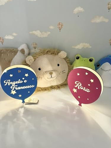 Lampada in Legno Personalizzata a Forma di Palloncino LED Azzurro | Luce Calda, Regalo per Natale, Per Bambini, Per Famiglia