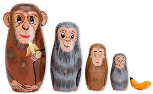 VELUNE 5Pcs/Set Hand Painted Wooden Monkey Nesting Dolls Matryoshka Craft Gift Home Decoration Tabletop Ornaments