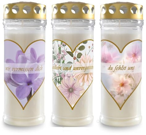 3er Set Gedenkkerze, Grabkerze, Brenndauer ca. 7 Tage (Blume)