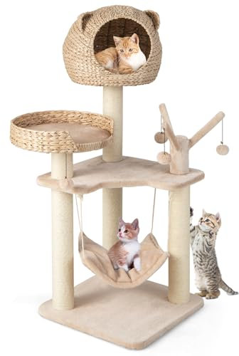 SOARS Kratzbaum mehrstöckig, 121cm Katzenbaum mit Höhle & Hängematte & 4 Bällen & Bett, Kletterbaum für Katzen, Stabiler Katzenkratzbaum Katzenmöbel