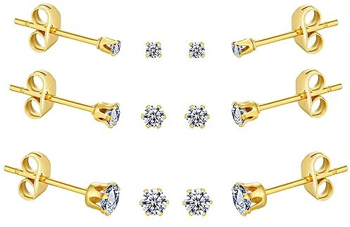 FOSIR 6 Pairs Tiny 14K Gold Plated Stainless Steel Cubic Zirconia Stud Earrings for Women, Hypoallergenic 316L Earrings Pack, 2mm 3mm 4mm CZ