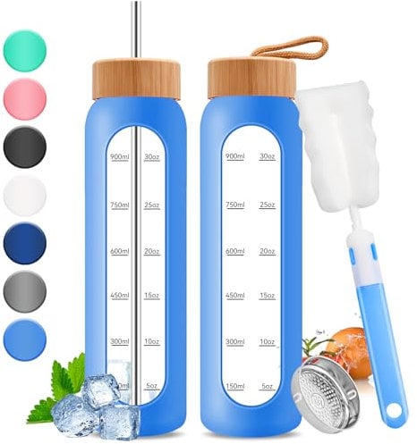 32oz Glass Water Bottle with Time Marker - 1000ml Large Motivational Water Bottle with 2 Bamboo Lids, Sealed & Straw Hole, 1L Bottle for Fitness with Stainless Steel Straw & Silicone Case (Blue)