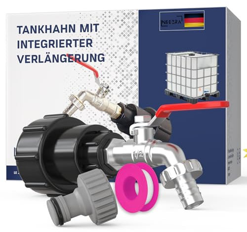 IBC Tankhahn 1000L 1/2 S60X6 mit Integrierter Verlängerung, 1000 Liter Tankanschluss, speziell für die Verwendung von IBC Tanks in Deutschland konzipiert, 1000L Tankdeckel, 1000 Liter Tankanschluss