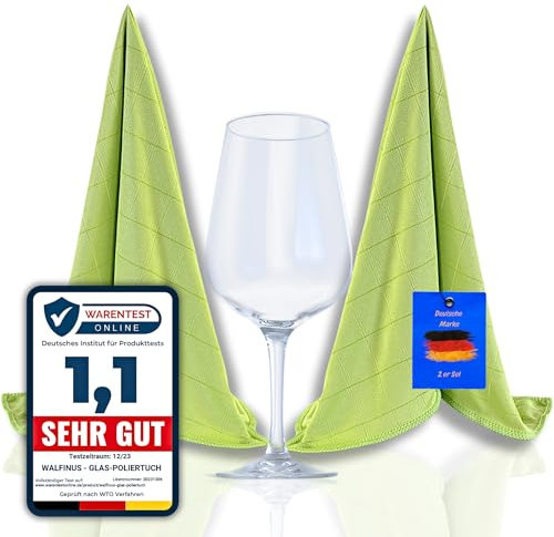 Walfinus Premium 2er-Set Grün Mikrofaser Gläserpoliertuch fusselfreies, streifenfreies, kratzerfreie Microfaser Glaspoliertuch für Spiegel und Hochglanzoberflächen ca 50-60cm Poliertuch