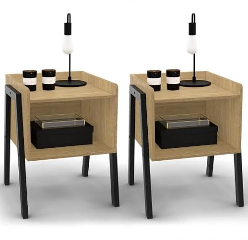 IDMarket - Lot de 2 Tables de chevets DALAT 1 Niche Bois et Pieds métal Noir Design Industriel