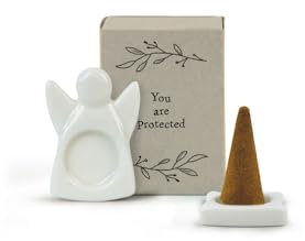 East of India Mini boîte d'allumettes avec porte-encens et deux cônes d'encens en porcelaine géranium, orange et lavande, citation inspirante « You Are Protect » ange, aromathérapie 4,5 x 3,4 x 2 cm