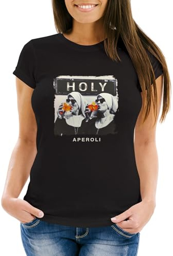 MoonWorks® Damen T-Shirt Fotomontage Nonnen Alkohol Holy Aperoli Fotoprint Spruch Frauen Fun-Shirt lustig