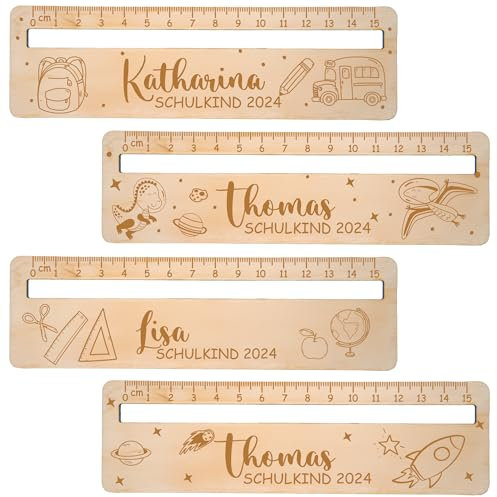 Personalisiertes Lesehilfe mit Lineal aus Holz - 15 cm Lineal mit Namen & süßen Motiven wie Dino, Bär - Geschenk zur Einschulung 2025 für Jungen & Mädchen - Schultüten-Füllung Idee, Schulanfang