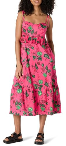 Amazon Essentials Robe Mi-Longue à Volants en Satin de Coton, Taille Empire, Coupe Ajustée et Évasée Femme, Rose Incandescent Rouge Leafy Floral, L