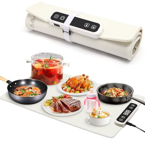 Electric Food Warming Mat, Adjustable Temperature Food Warming Tray with 5 Temperature Settings, 1-4 Hours Timer, Rollable & Waterproof Silicone Heating Mat for Buffet, Party & Family Gatherings