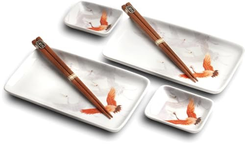 JAPAN Katze & Koi SUSHI TELLER SET | Sushi Geschirr Set | 6-teiliges Sushi-Set für 2 Personen | Sushi-Teller, Schalen und Essstäbchen in verschiedenen Asia-Tier Designs - Made in Japan (Kranich)