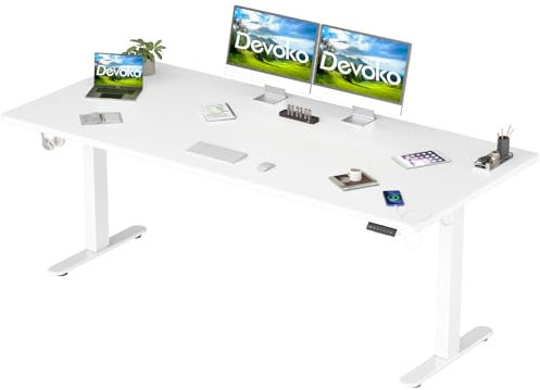 Devoko Bureau Assis Debout 180 x 80 cm avec Chargeur USB, Plateau Complet, sans Coutures, Bureau Réglable en Hauteur Électrique avec 4 Hauteurs de Mémoire, Hauteur Réglable 73-119cm (180x80cm,Blanc)